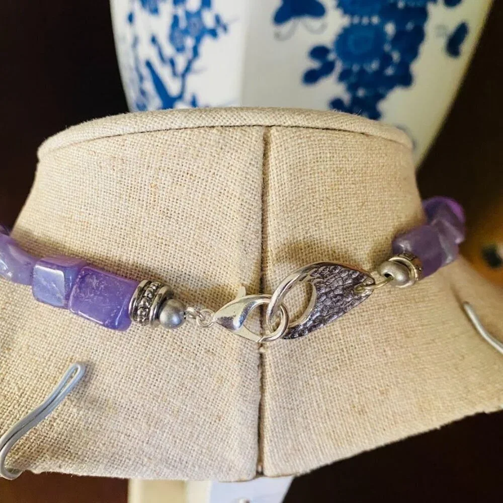 Polished Purple Agate Slice Pendant and Howlite Beaded Necklace